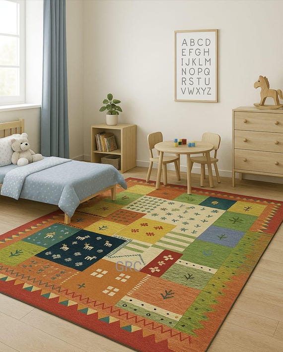 Colorful Patchwork Kids Room Rug – Soft Playroom Carpet with Animal & Geometric Patterns