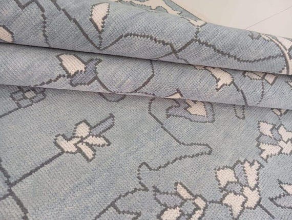 Handmade Turkish Wool Rug: Light Blue Floral Oushak Carpet