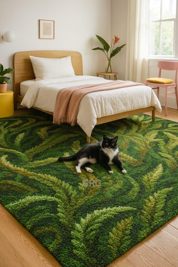 Moss Green Handmade Tufted Rug: Nature Leaf Design, Custom Size