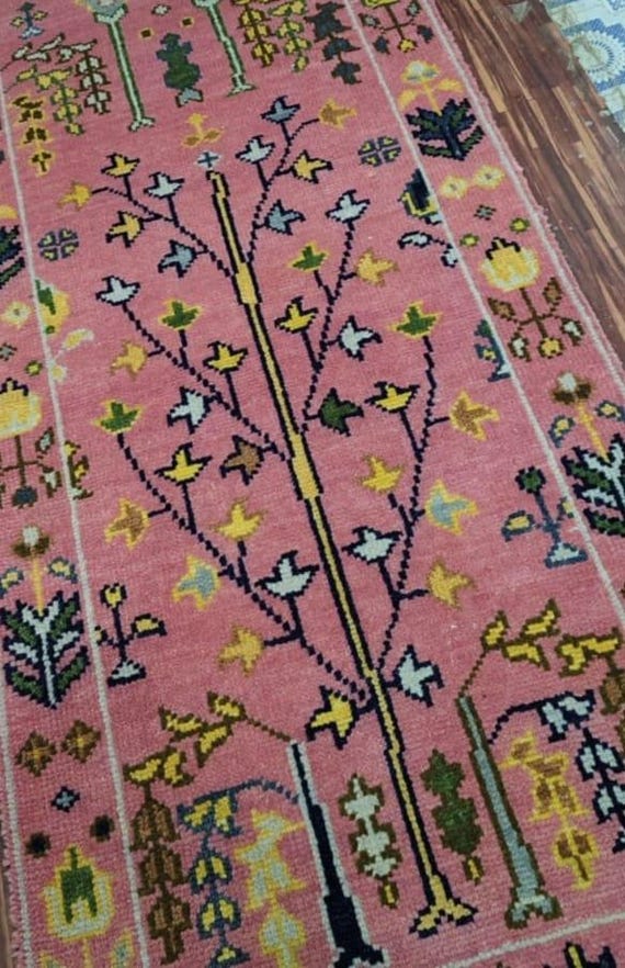 Vintage Pink Floral Kilim Rug: Handwoven Turkish Wool Runner