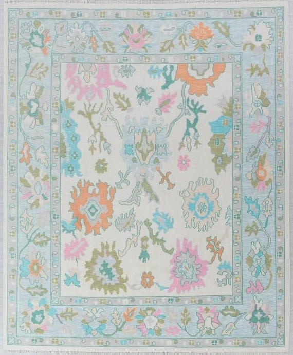 Handmade Oushak Style Rug: Pastel Floral Oriental Rug