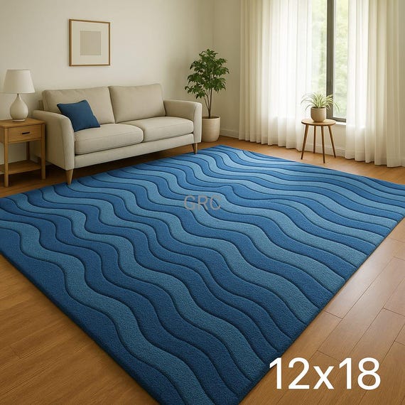 Blue Wave Area Rug – Modern Ocean Style Carpet (12x18 ft)