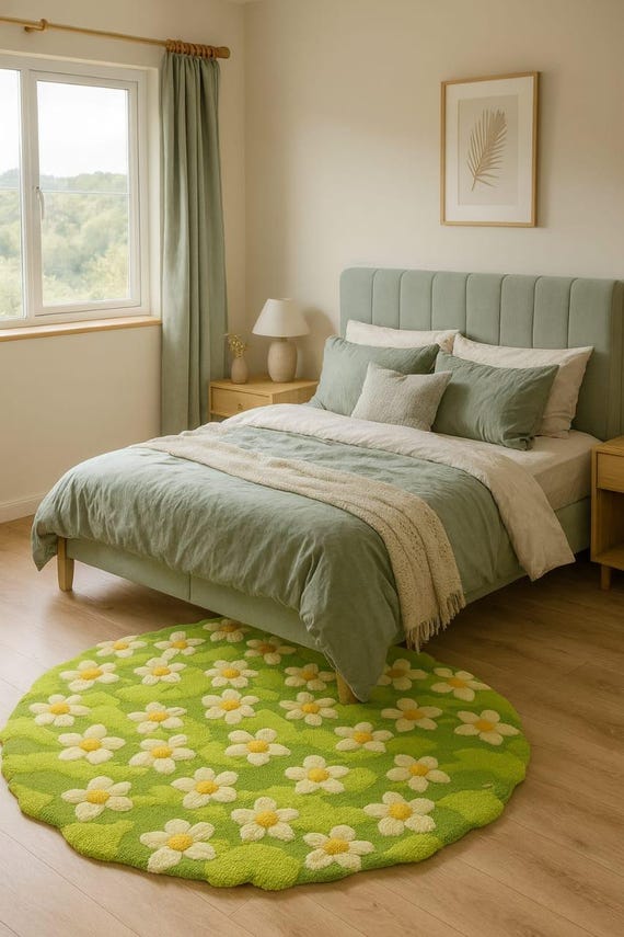 Green Daisy Flower Rug: Tufted Kids Playroom Nursery Decor