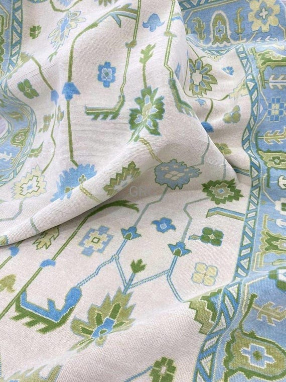 Hand-Knotted Wool Oushak Rug: Light Blue & Moss Green Turkish Floral Carpet