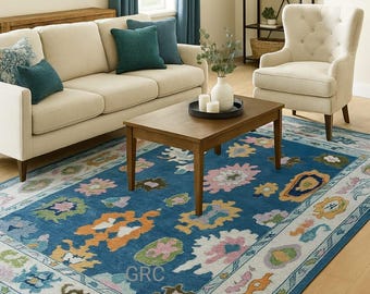 Hand-Tufted Wool Rug, Blue Floral Area Carpet, Bohemian Decor
