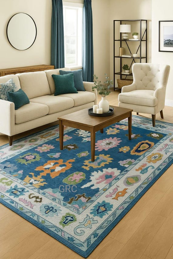 Hand-Tufted Wool Rug, Blue Floral Area Carpet, Bohemian Decor