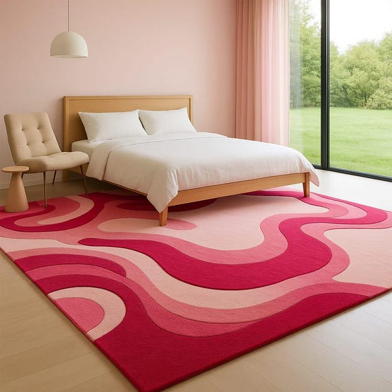 Pink Wave Area Rug: Modern Abstract Retro Decor
