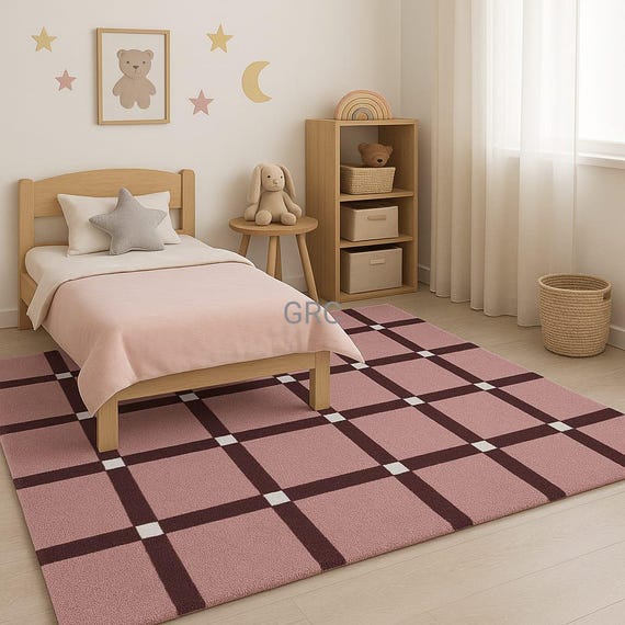 Hand-Tufted Pink Plaid Rug: Modern Geometric Checkered Carpet