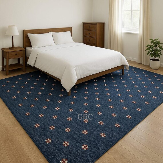 Handmade Blue Wool Oushak Rug | 8x10 Floral Turkish Carpet