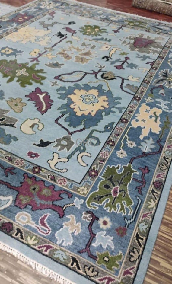 Handmade Blue Oriental Rug: Turkish Kilim Style Floral Carpet