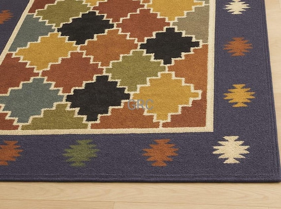 Handmade Geometric Wool Kilim Rug: Multicolor Oushak Design