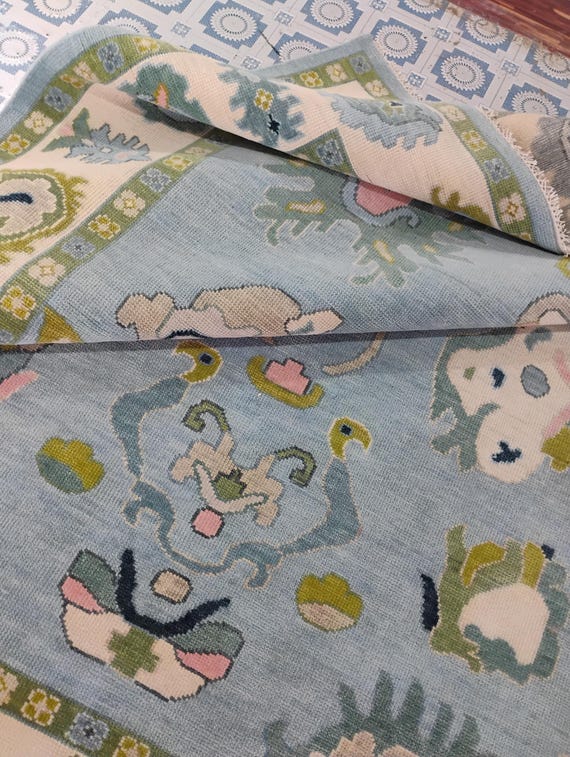 Handmade Wool Oriental Rug: Blue Green Floral Design