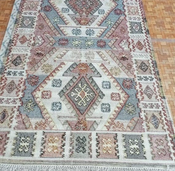 Handmade Boho Kilim Rug | Geometric Tribal Cotton Carpet