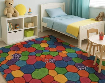 May include: A rectangular area rug featuring a repeating pattern of multi-colored, rounded geometric shapes in shades of red, orange, yellow, green, blue, and purple. The rug has the text GRC printed in white at several intervals.
