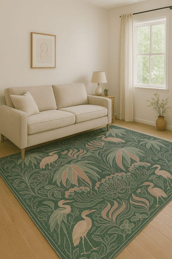 Green Tropical Birds & Leaves Area Rug: Botanical Floor Decor