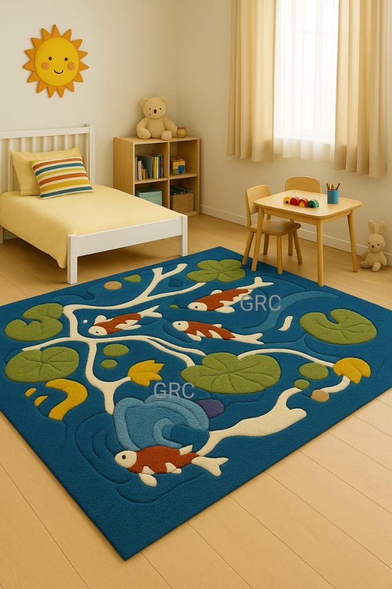 Hand-Tufted Wool Kids Rug: Blue Fish Pond, Koi & Lily Pads