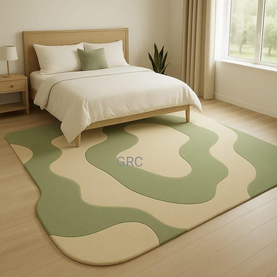 Modern Green Wave Rug – Hand-Tufted Abstract Area Carpet