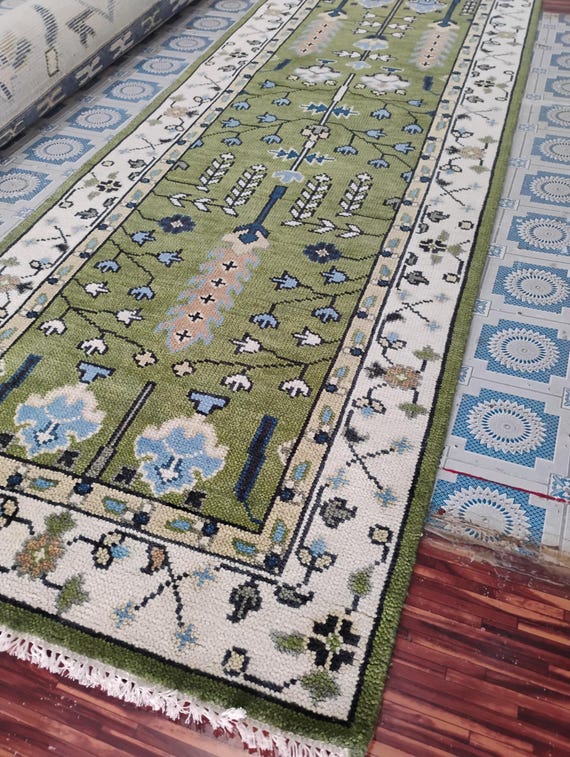Handwoven Green Runner Rug: Vintage Turkish Style, Floral Geometric Design