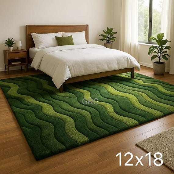 Modern Green Wavy Hand-Tufted Rug – 12x18 ft | Contemporary Bedroom Area Carpet
