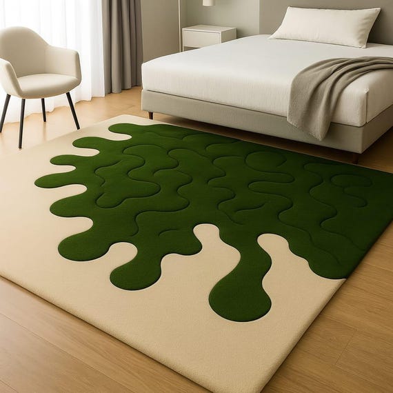 Modern Abstract Green Rug: Organic Shape, Minimalist Decor