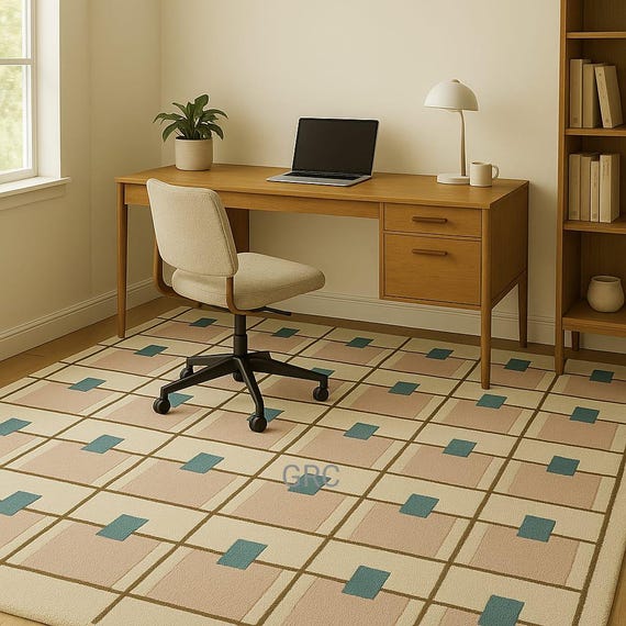 Hand-Tufted Wool Rug – Geometric Beige & Teal Mid-Century Carpet