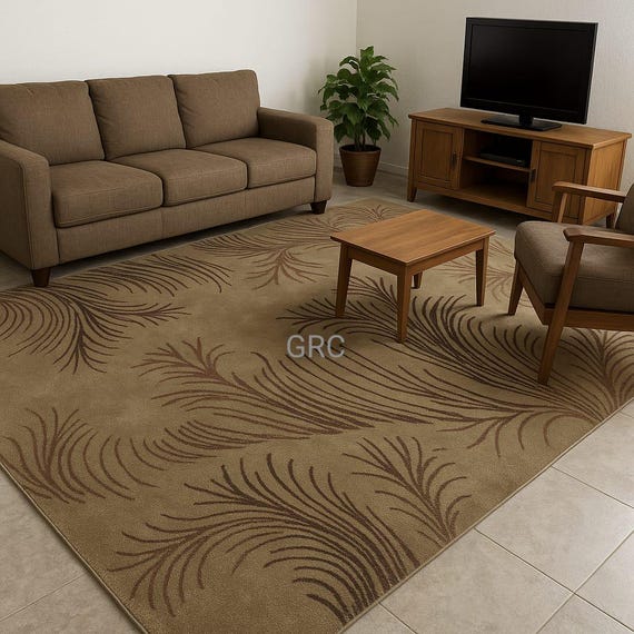 Handmade Wool Area Rug: Beige & Brown Leaf Pattern, Modern Neutral Style