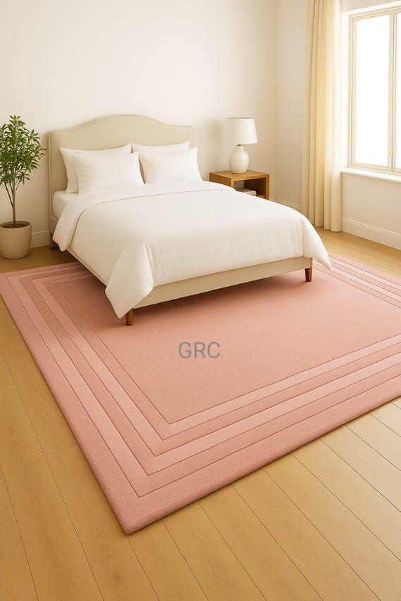 Blush Pink Wool Rug | Hand-Tufted Modern Border Design