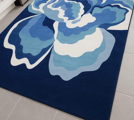 Hand-Tufted Blue Floral Rug: Modern Botanical Carpet for Coastal Decor