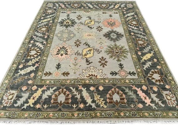 Handmade Oushak Wool Area Rug: Gray Green Tribal Design, Vintage Style