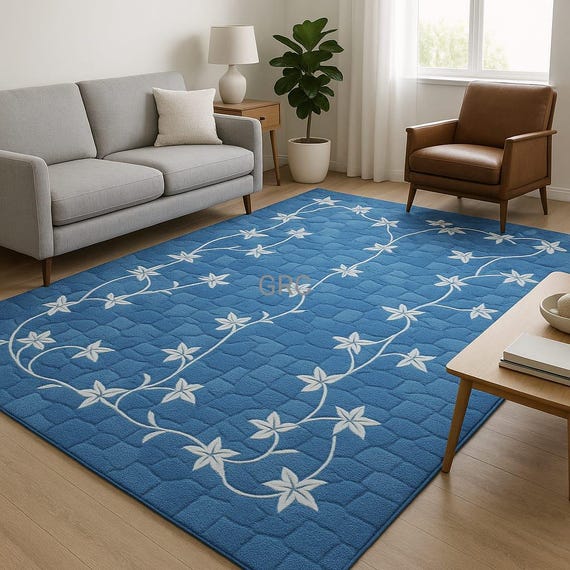 Blue Floral Area Rug: Modern Soft Carpet with White Vine Design