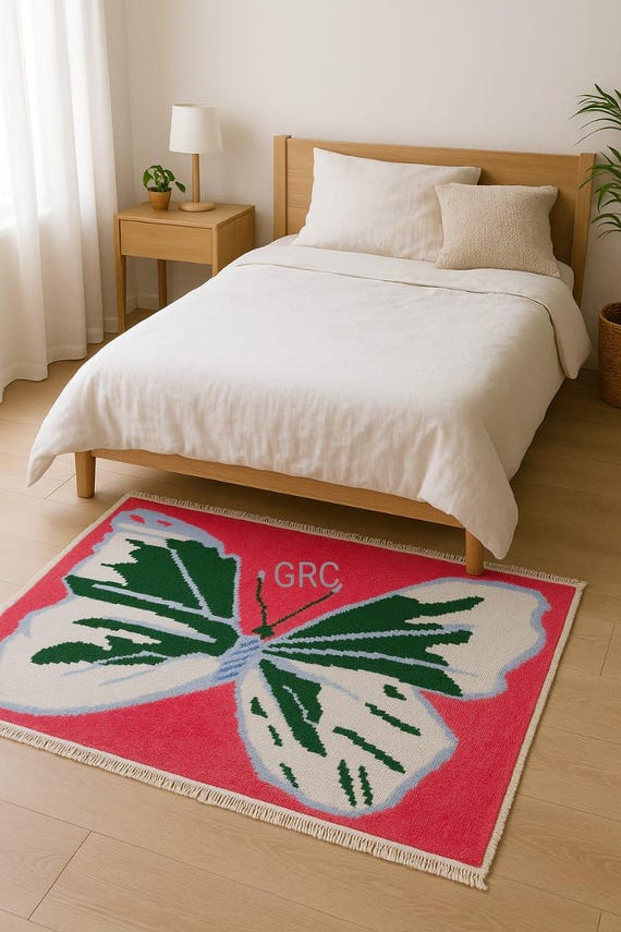 Butterfly Rug | Pink, Green Tufted Area Carpet | Boho Kids Decor
