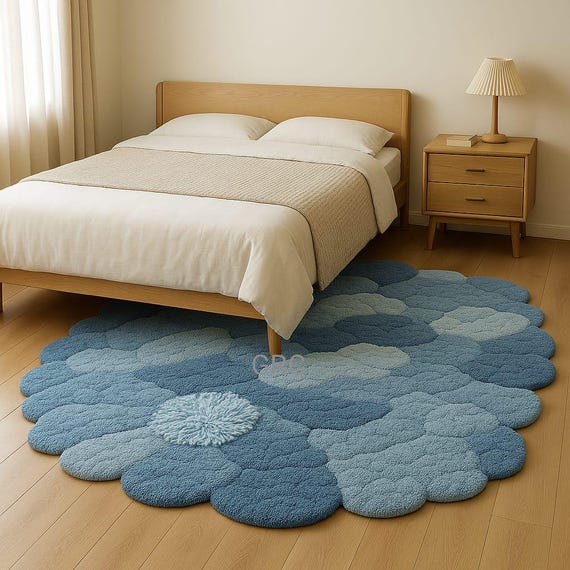 Handmade Blue Floral Wool Rug: Modern Flower Carpet