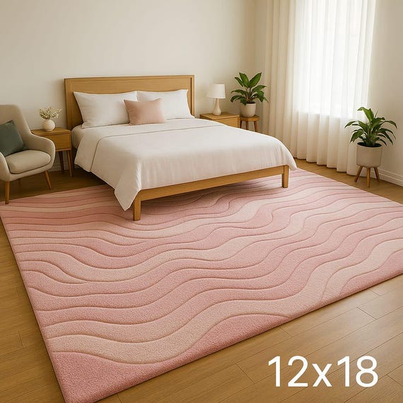 Handmade Soft Pink Wave Rug - Modern Minimalist Carpet (12x18)