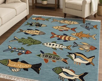 Alfombra oriental azul hecha a mano: alfombra tribal floral turca, decoración bohemia