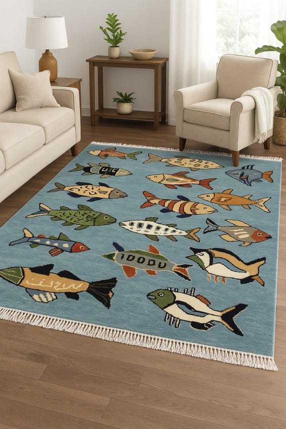 Handmade Blue Oriental Rug: Turkish Floral Tribal Carpet, Boho Decor