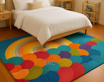 Hand-Tufted Wool Rug – Colorful Rainbow Wave Geometric Carpet