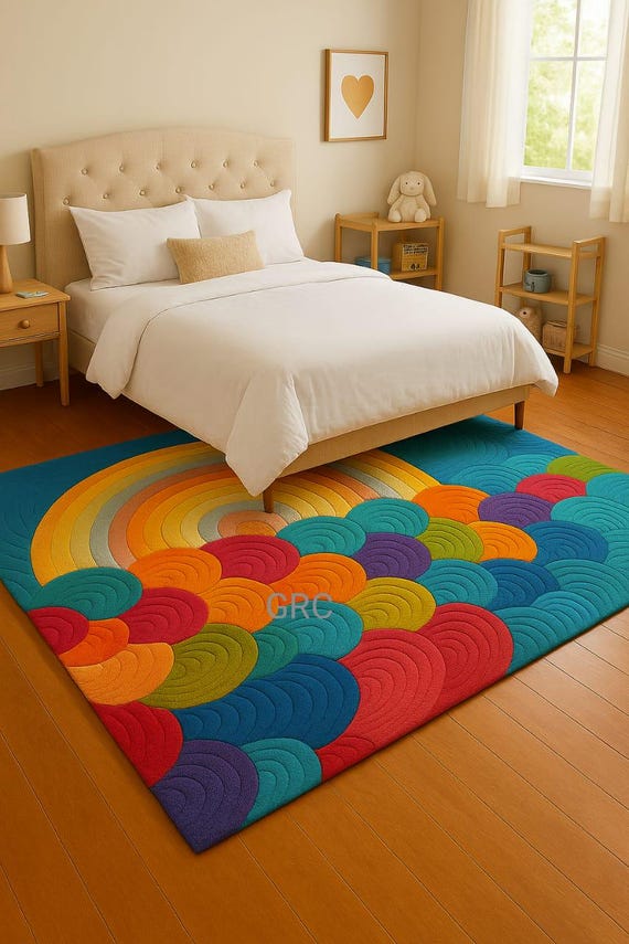 Hand-Tufted Wool Rug – Colorful Rainbow Wave Geometric Carpet