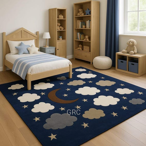 Kids Night Sky Rug: Moon, Stars, Clouds Nursery Carpet