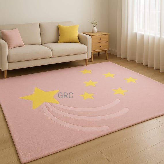 Pink Star Rug: Soft Kids Playroom Carpet - Nursery Decor