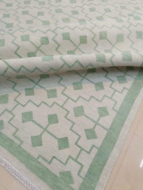 Handwoven Green Geometric Rug: Modern Boho Cotton Area Rug