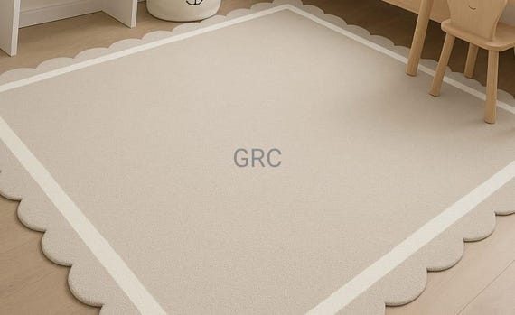 Minimalist Beige Rug: Soft Wool Blend Scalloped Carpet