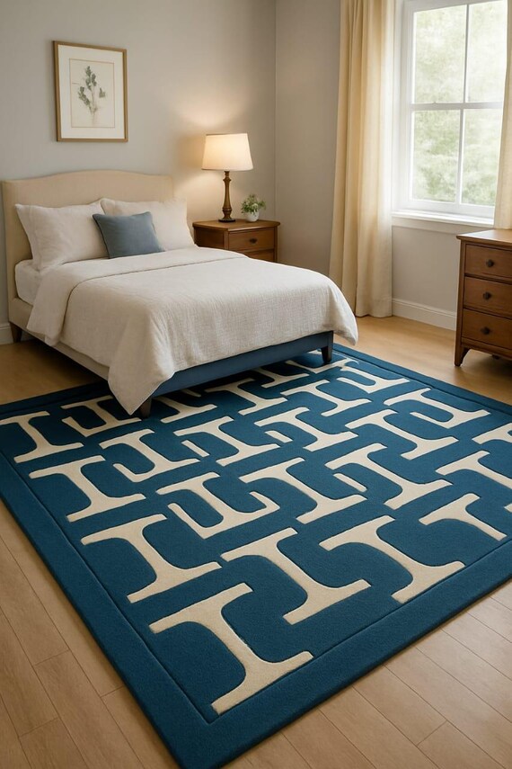Geometric Area Rug: Blue and Ivory, Modern Living Room Carpet