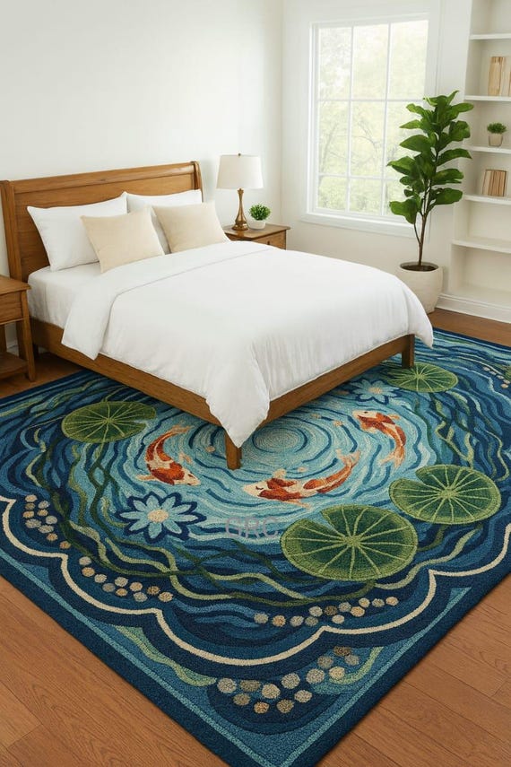 Handmade Blue Koi Fish Wool Rug - Nature Inspired Water Lily Design