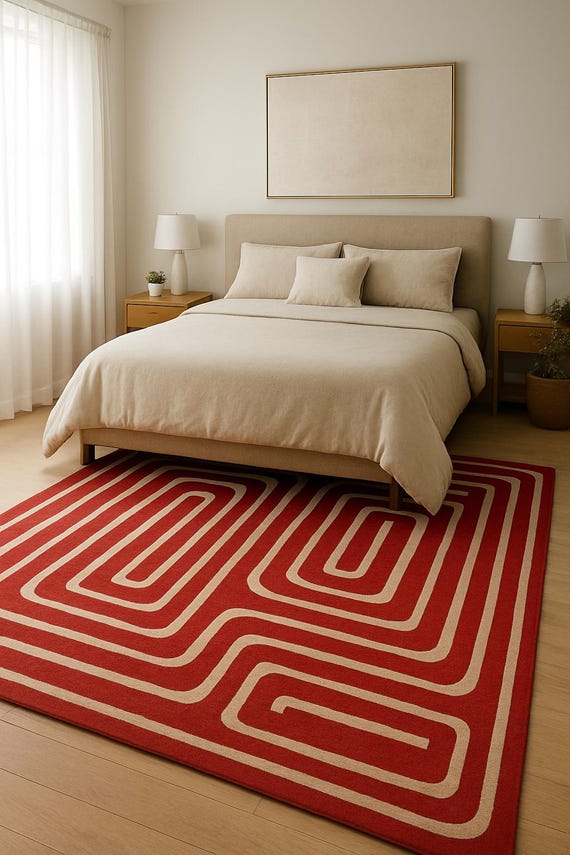 Red Geometric Rug: Modern Retro Style Area Carpet, 10x12
