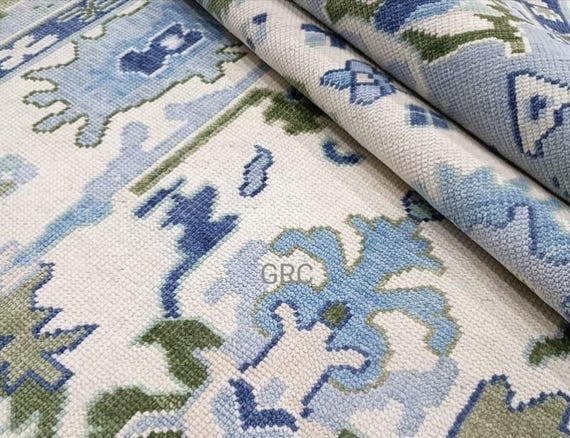 Handmade Cream Oushak Rug – Persian Style, Blue & Green Floral Carpet
