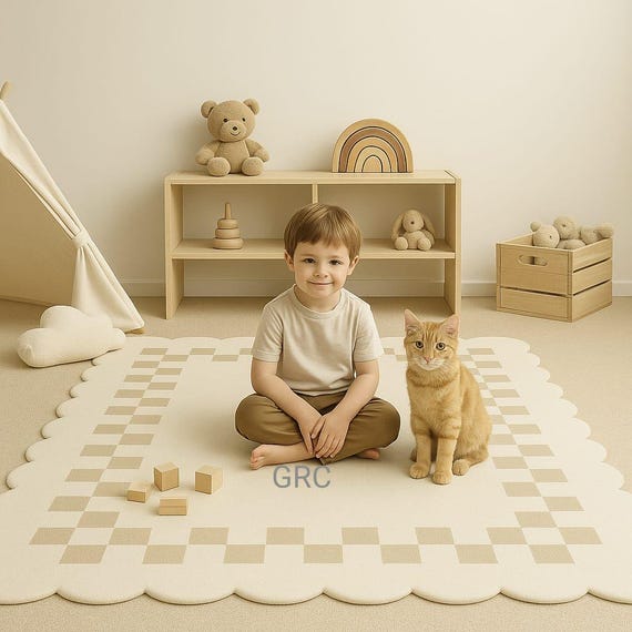 Soft Scalloped Nursery Rug: Beige Checkered Kids Play Mat