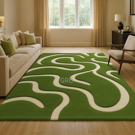 Green Abstract Wool Rug – Handmade Wavy Line Floor Decor
