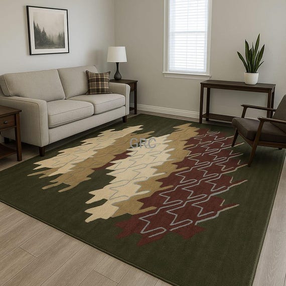 Handmade Olive Green Tribal Rug: Geometric Boho Area Carpet