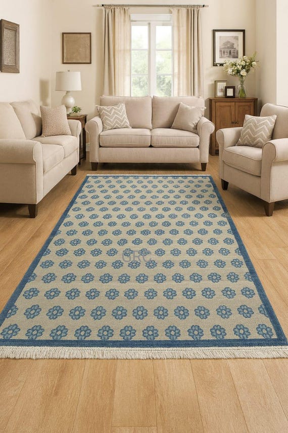 Handwoven Wool Rug: Blue Floral Beige Geometric Carpet, Indian Decor