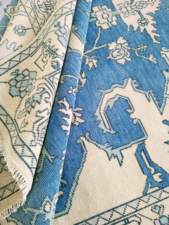 Blue Oriental Area Rug: Traditional Turkish Medallion Floral Carpet